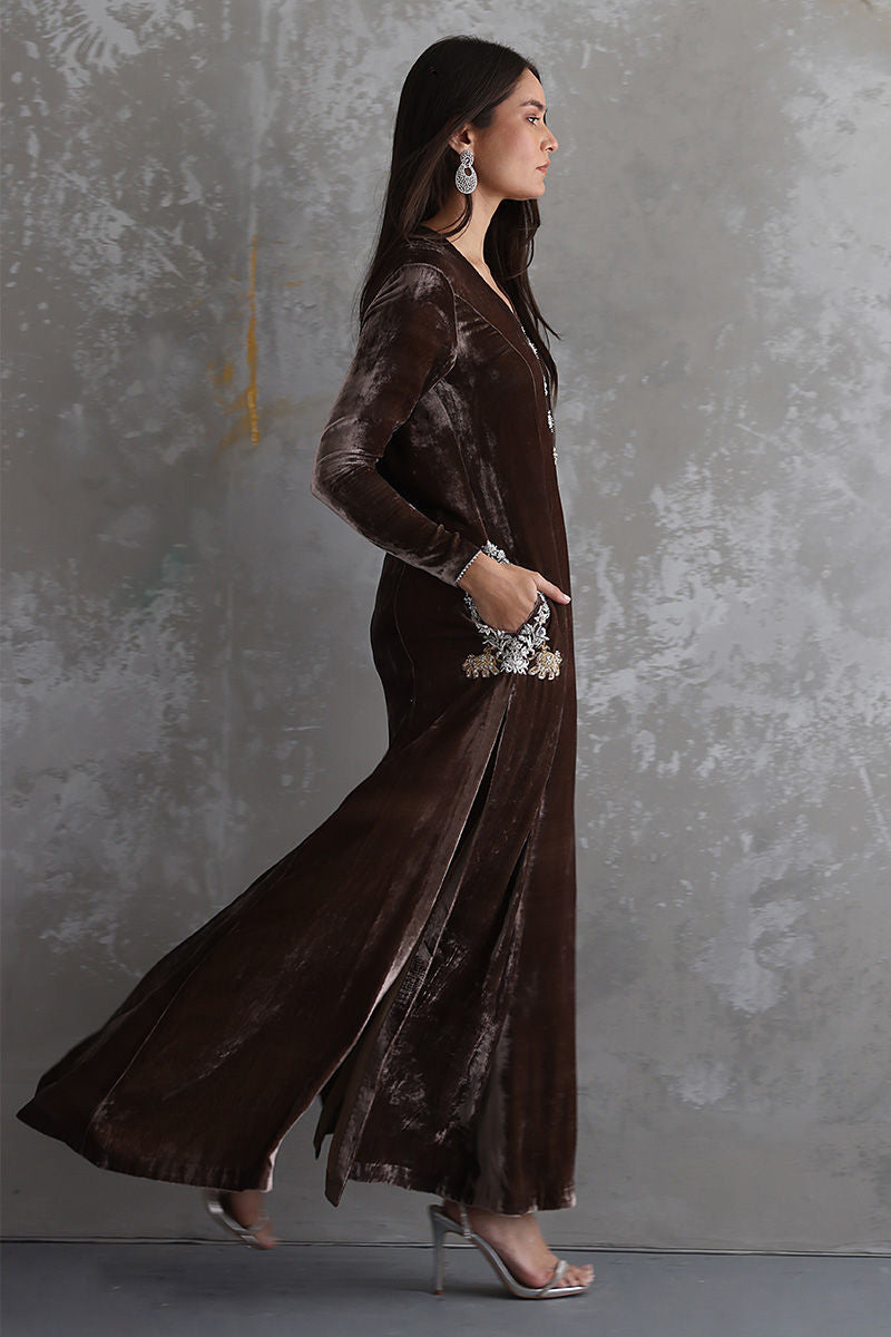 03-Piece Stitched Front Open Long Velvet Shirt