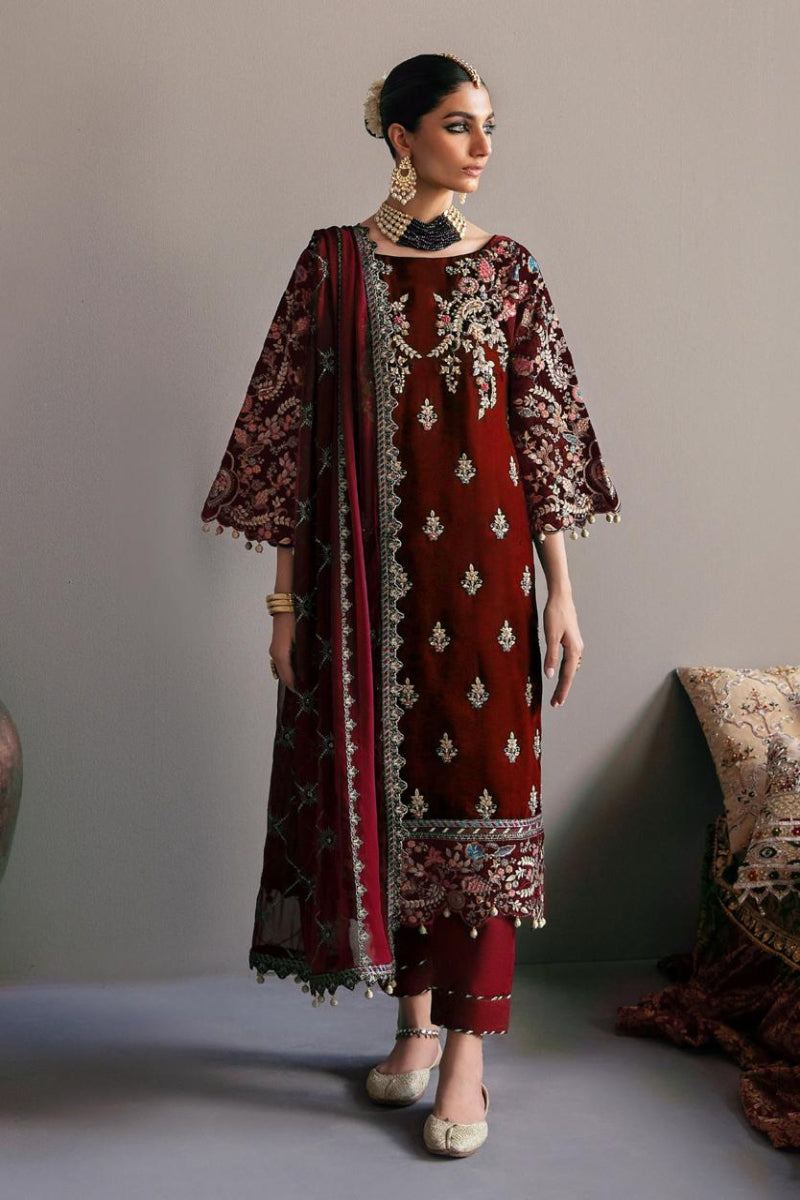 Maroon / Navy Blue Luxury Velvet Embroidered 3-Piece Suit | Ready to Wear