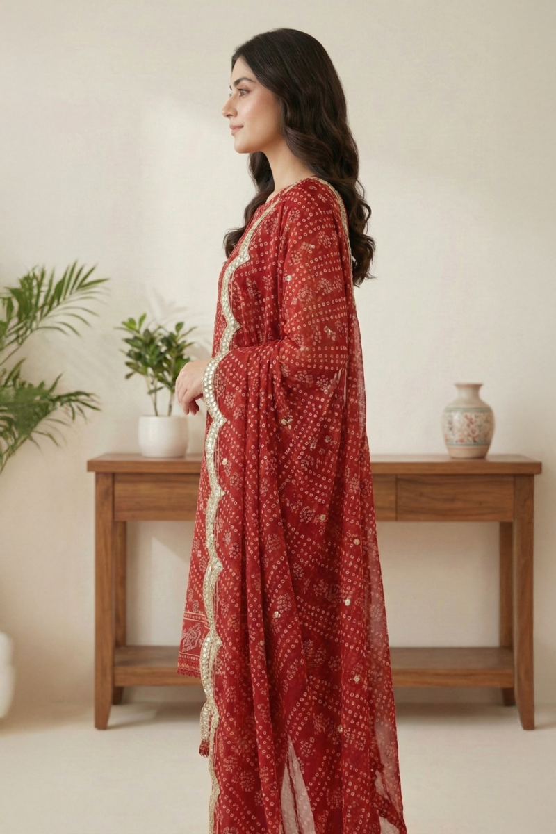 03-Piece - Red Mirror Work Chiffon Chunri Suit - Ready To Wear