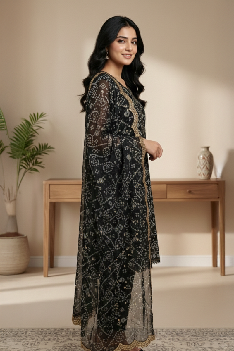 03-Piece Black Mirror Work Chiffon Suit - Ready To Wear