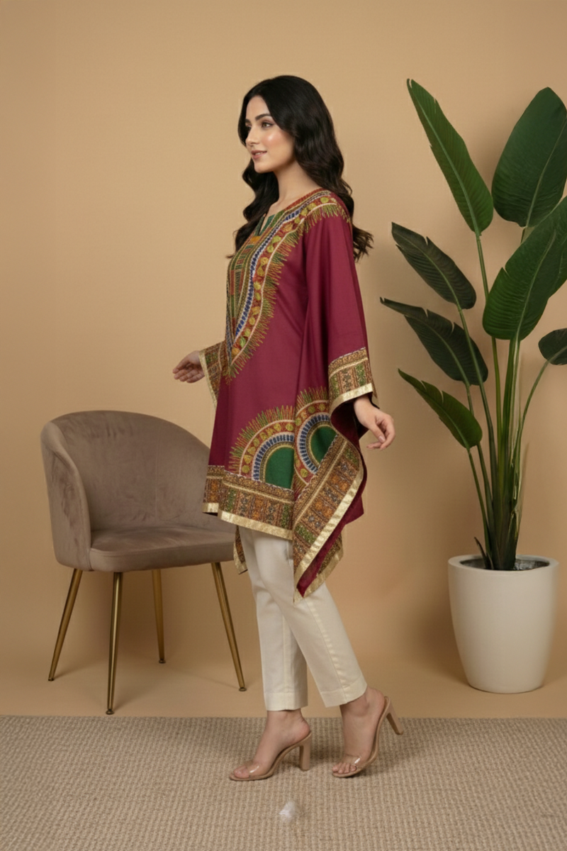 Elegant Maroon Printed Cotton Kurti with Gotta Handwork - Ready To Wear