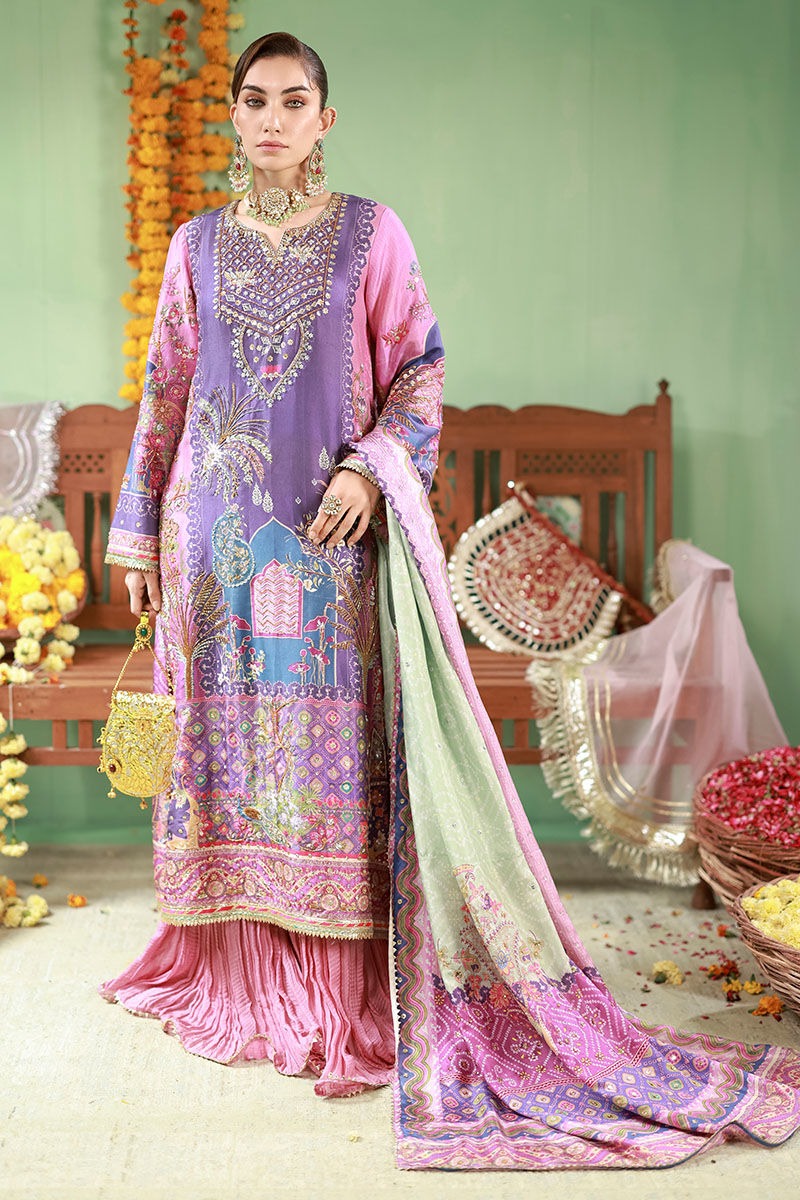 Luxury Purple & Pink Silk suit with Hand Embellished Adda Work | Ready To Wear