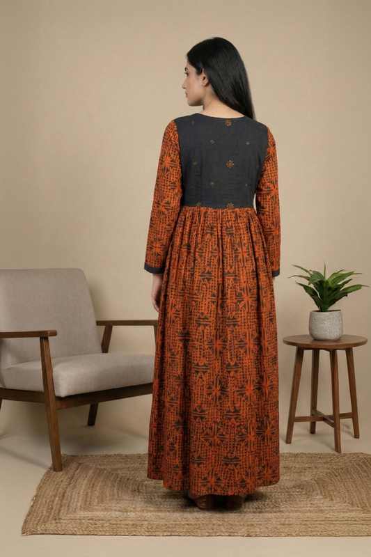 Rust & Black Printed Cotton Long Dress - Ready To Wear