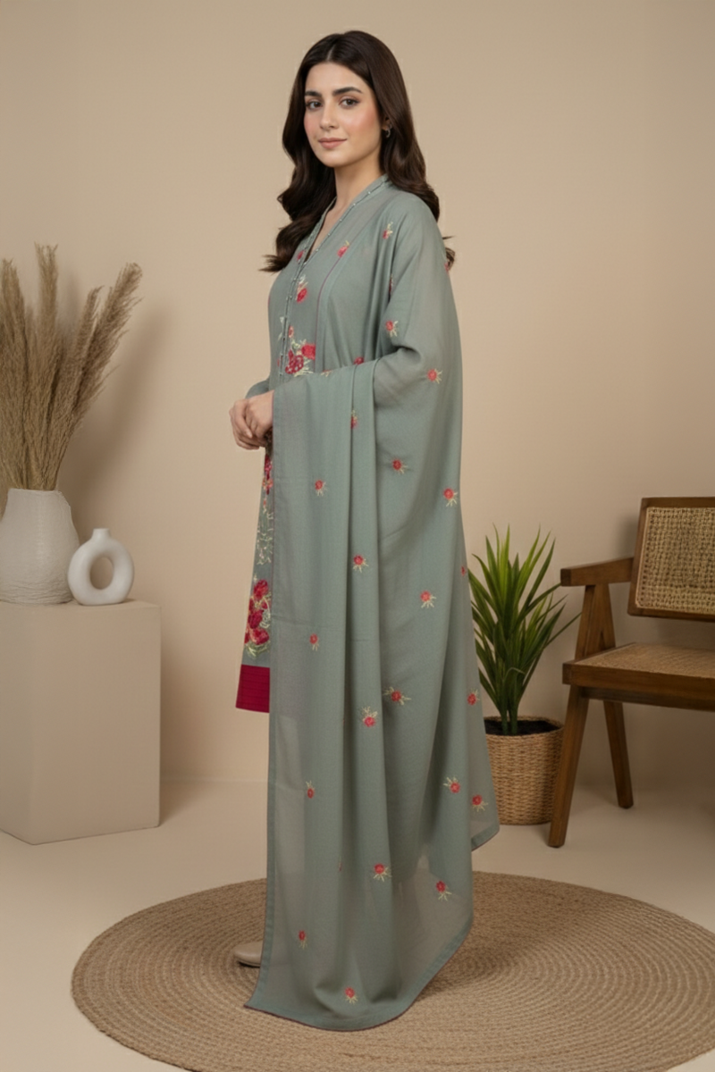 Elegant Sage Green Swiss Embroidered 3-Piece Suit