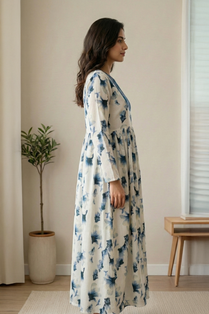 Blue Floral Cotton Long Dress - Ready To Wear