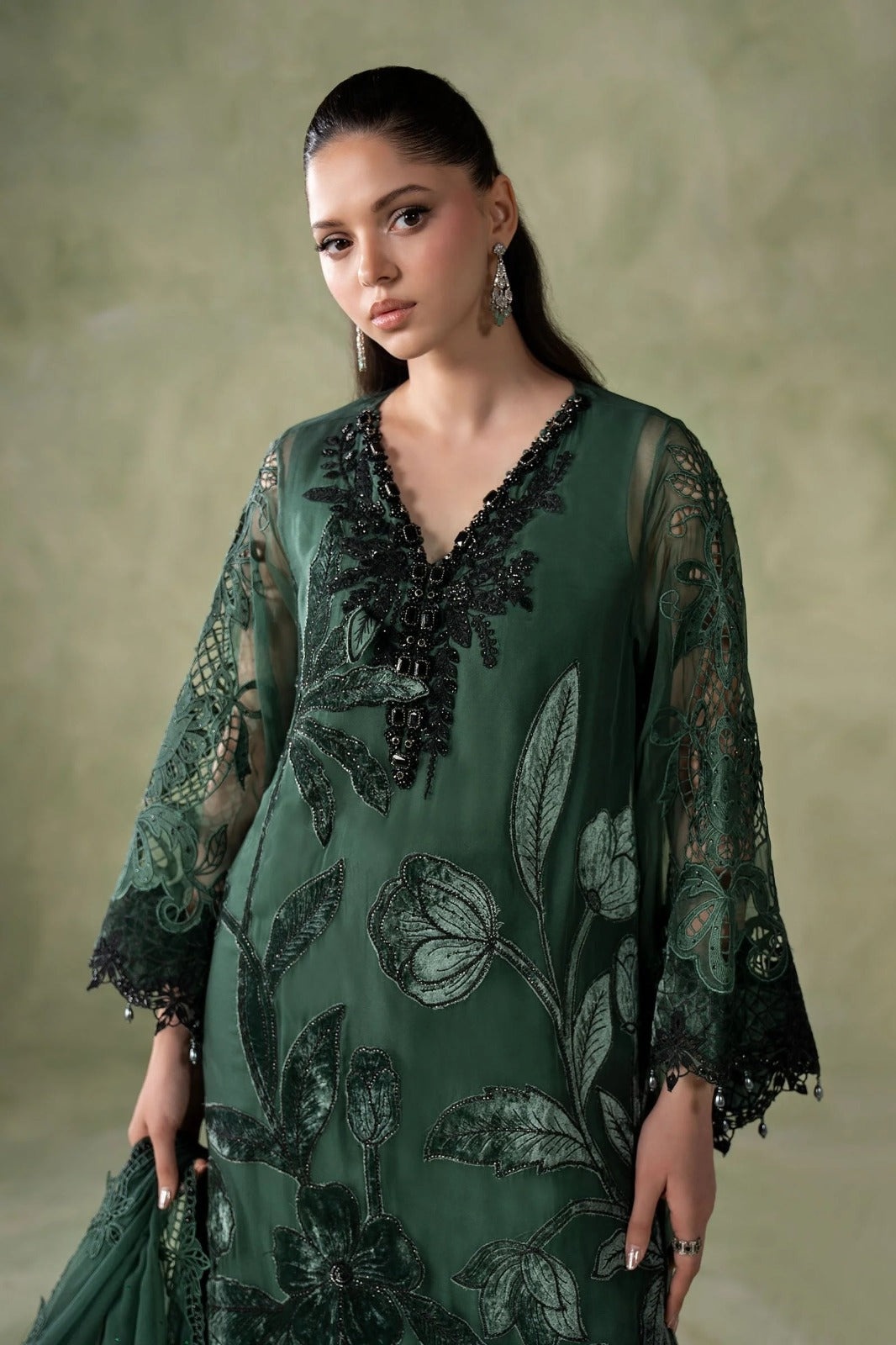 3 Piece Embroidered Hand-Embellished Bamber Chiffon Suit | Bottle Green | Ready to Wear