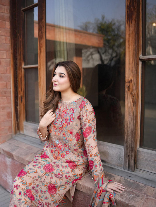 3 Piece Printed Lawn Suit With Chiffon Dupatta | Ready To Wear