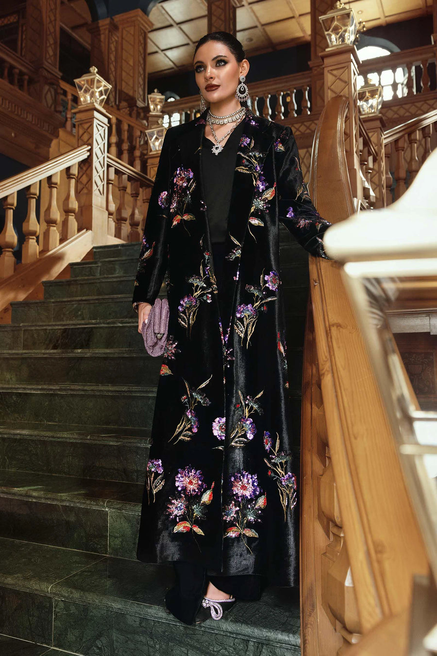 Black Floral Sheesha – Luxury Embroidered Silk 3-Piece Suit Ready to Wear