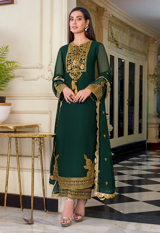 Bottle Green Embroidered Chiffon 03-Piece Suit | Ready To Wear