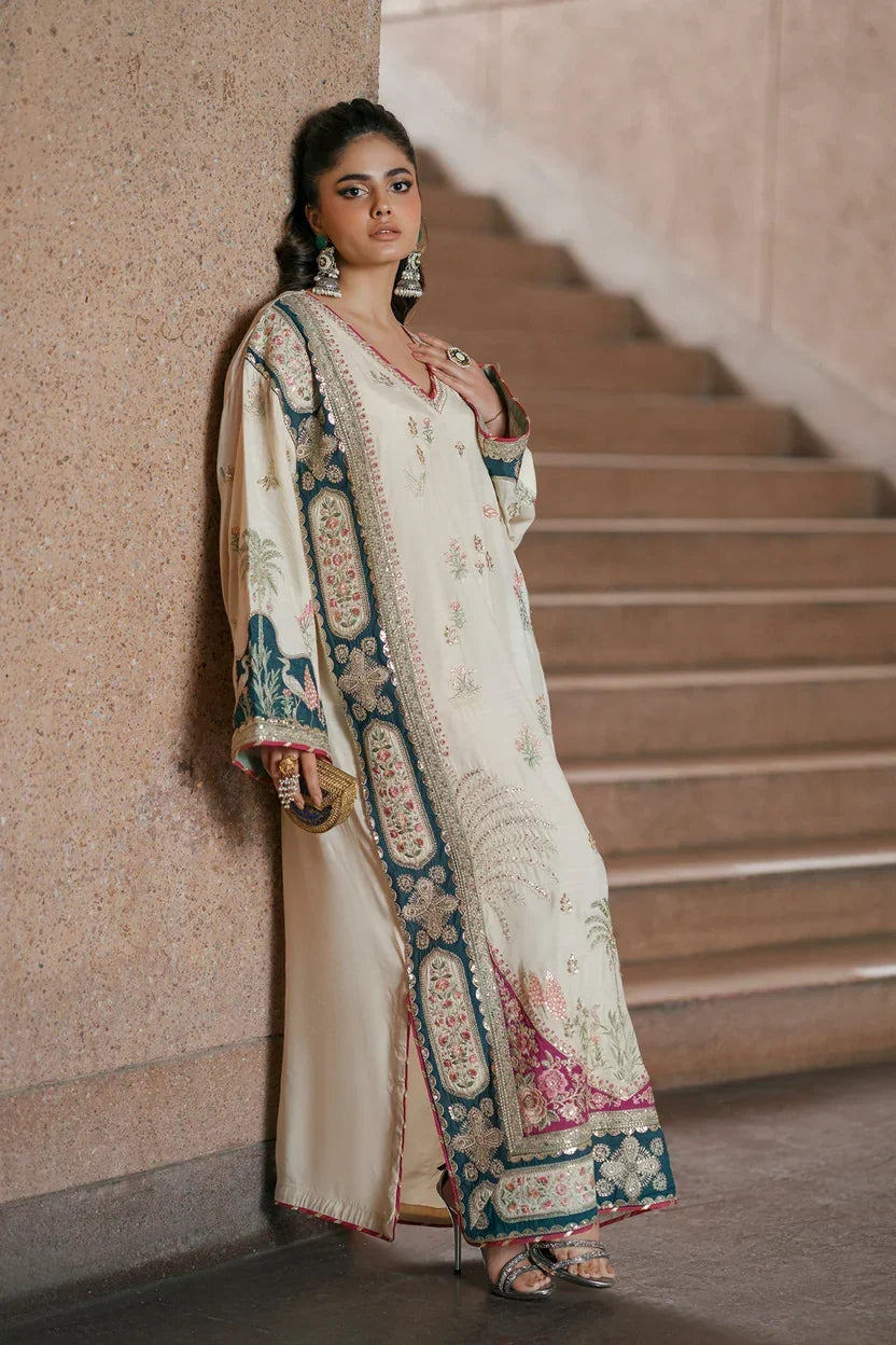 02-Piece Botanical Embroidered Silk Kaftan | Ready To Wear