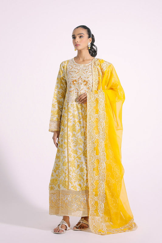 03-Piece Embroidered Butter Yellow Frock