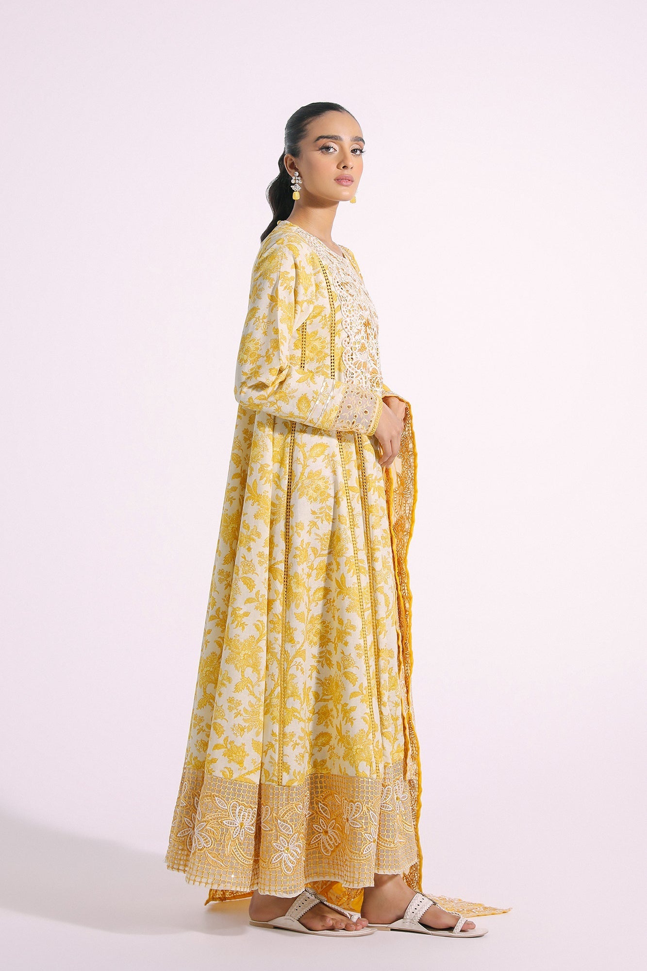 03-Piece Embroidered Butter Yellow Frock