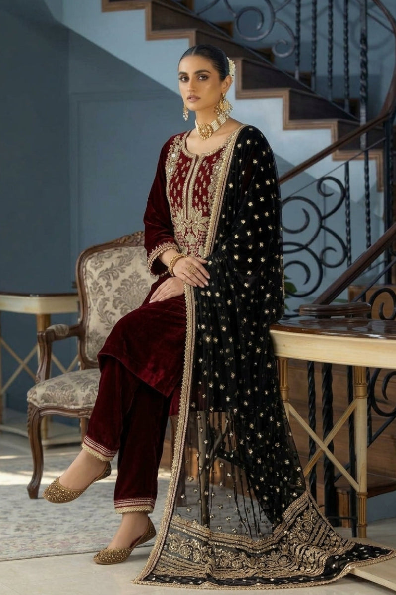 Maroon & Black Velvet Embroidered 3-Piece Suit | Ready to Wear