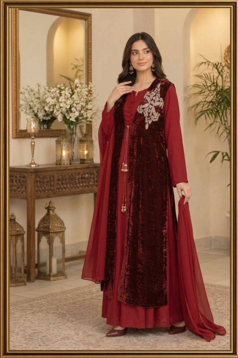Velvet Maroon Hand Work 3-Piece suit Ready-to-Wear