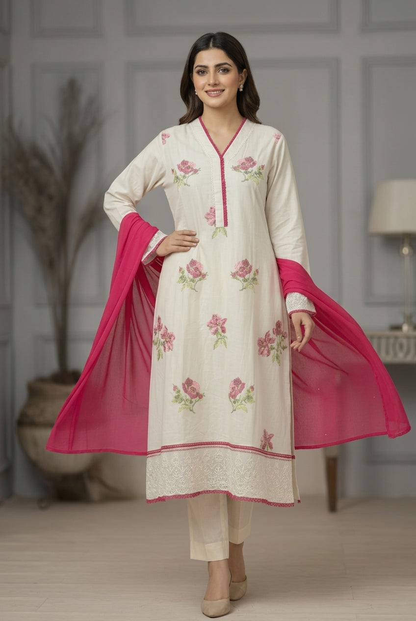 3 Piece Stitched Chikankari Dress - Ready To Wear