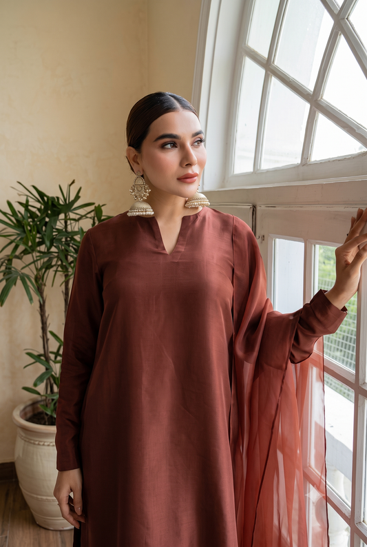 03-Piece Korean Silk Suit With Organza Dupatta | Ready To Wear