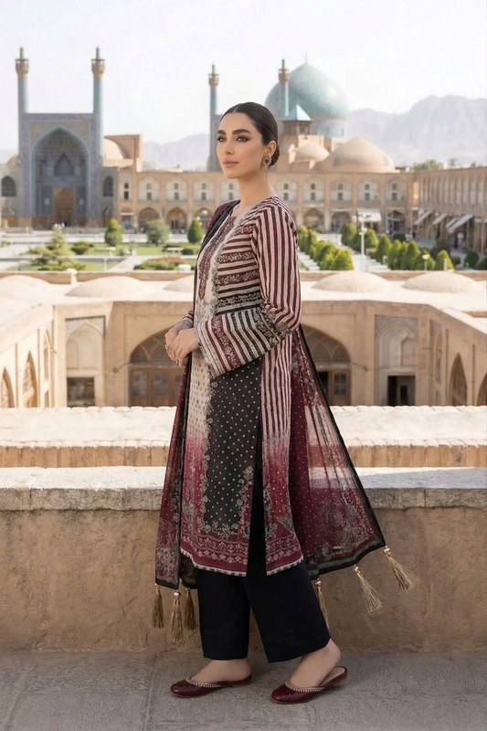 03-Piece Digital Print Silk Suit - Ready To Wear