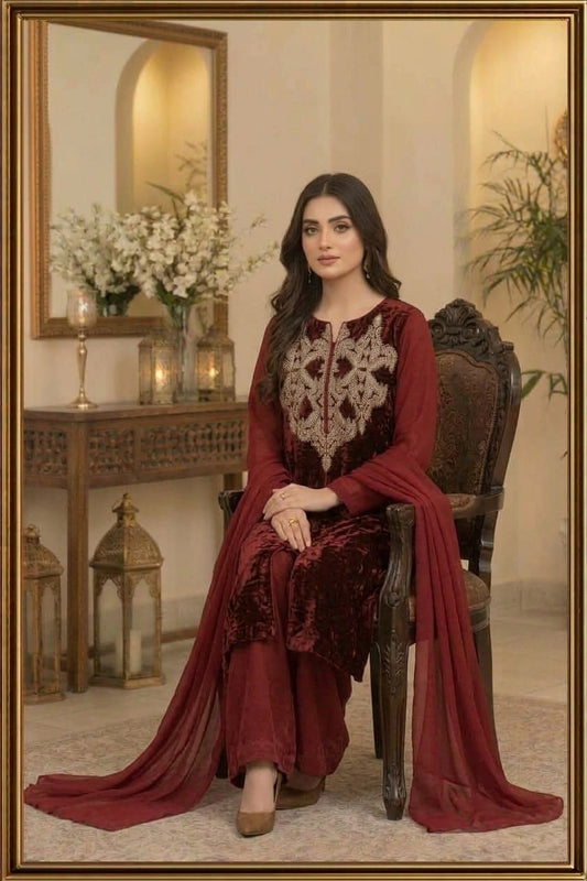 Velvet Maroon Hand Work 3-Piece suit Ready-to-Wear