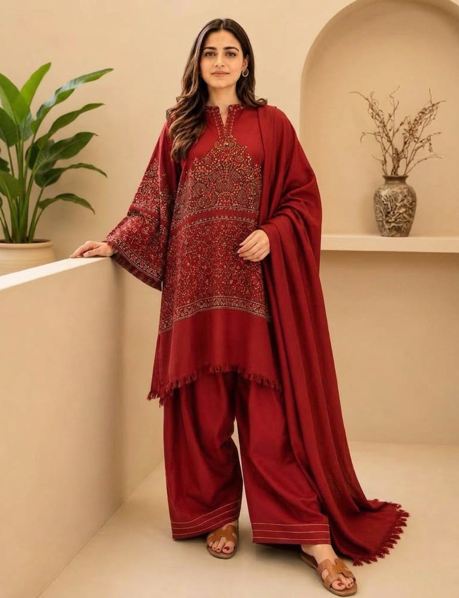 03-Piece Premium Pashmina Handwork Suit - Ready To Wear