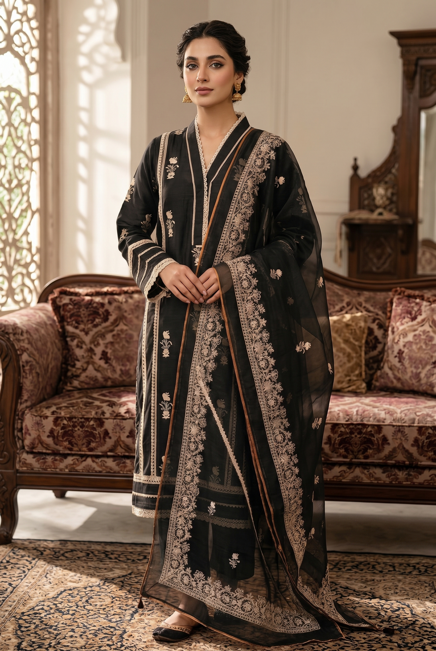 03-Piece Khaddi Net Suit With Embroidery - Ready To Wear