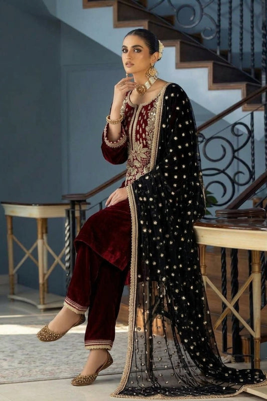 Maroon & Black Velvet Embroidered 3-Piece Suit | Ready to Wear