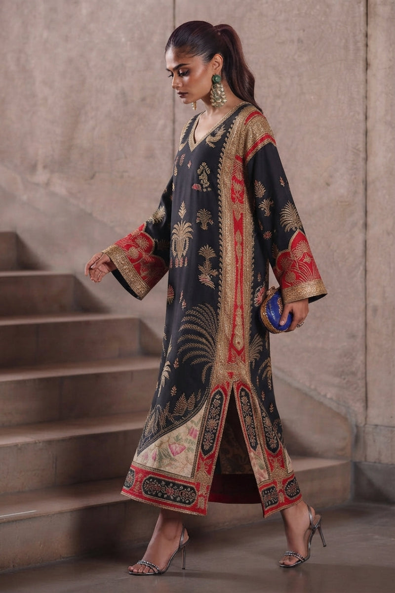 Elegant Black Silk 2 piece suite Work Kaftan Ensemble | Ready To Wear