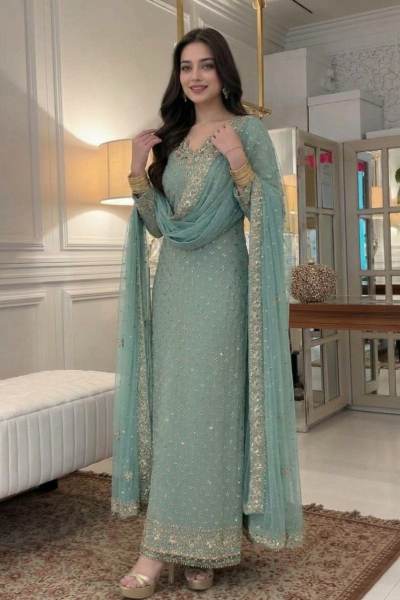 Sea Green Luxury Chiffon Embroidered 3-Piece Suit | Ready to Wear