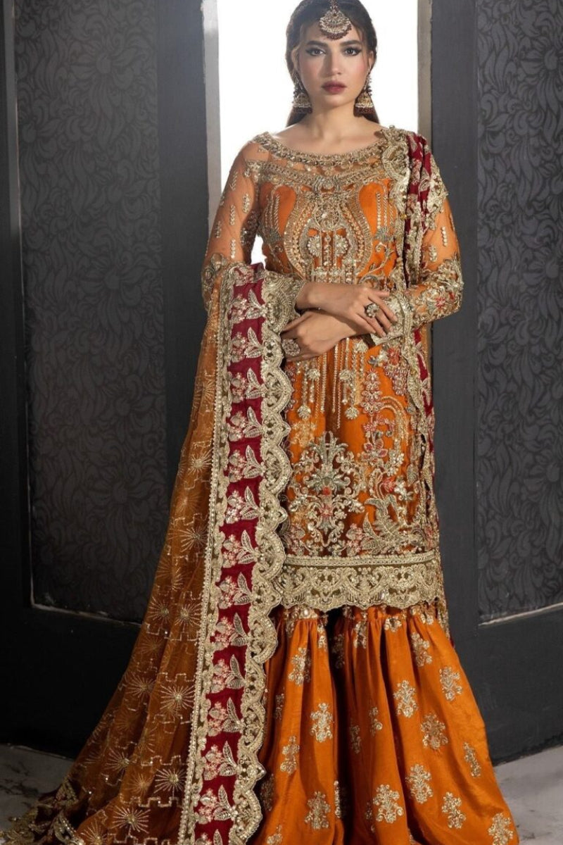 03-Piece Heavy Hand-Embroidered Net & Organza Stitched Gharara Set - Ready To Wear