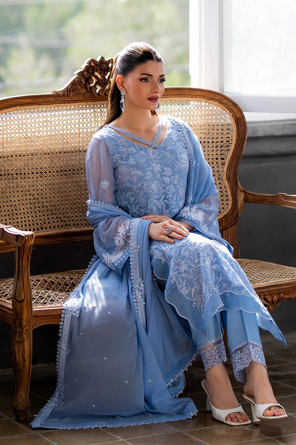 3Pcs Embroidered Chiffon Suit With Malai Crape Trouser Ready To Wear