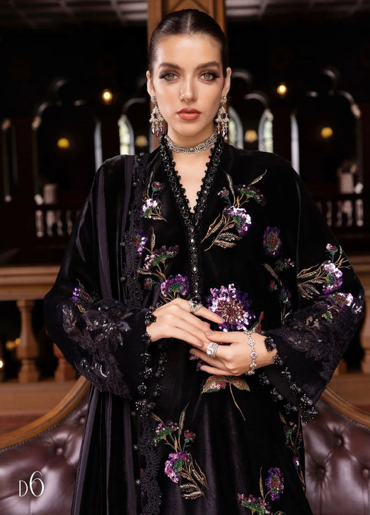 Black Floral Sheesha – Luxury Embroidered Silk 3-Piece Suit Ready to Wear