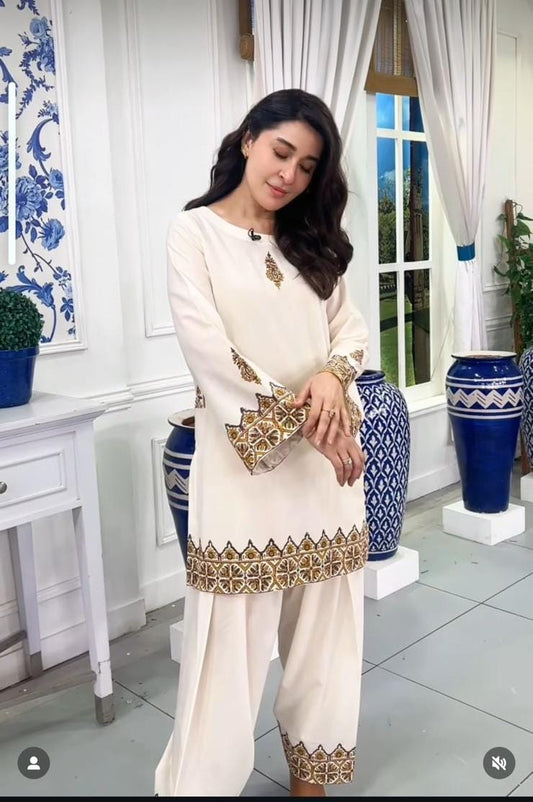 3 Piece Stitched Raw Silk Dress - Ready To Wear