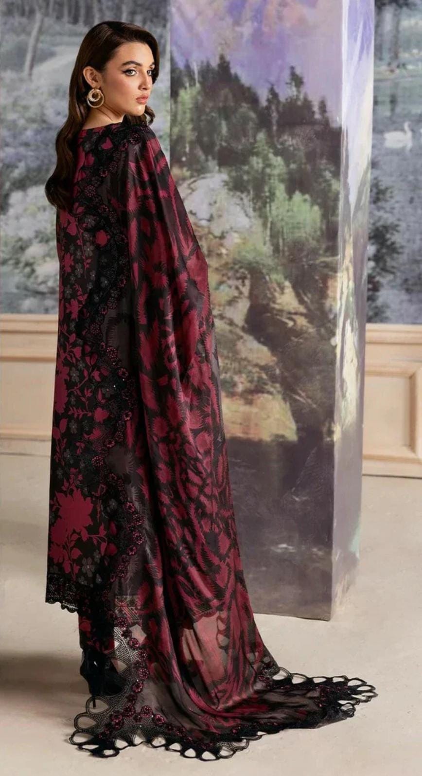 3 Piece Stitched Lawn Embroidery Dress - Ready To Wear