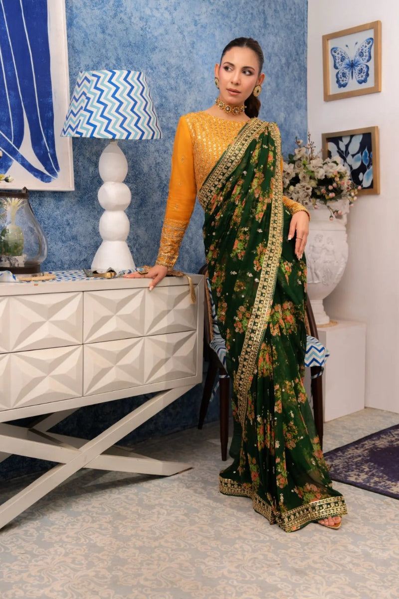 Bottle Green & Mustard Chiffon Embroidered Luxury Wedding Saree | Ready To Wear