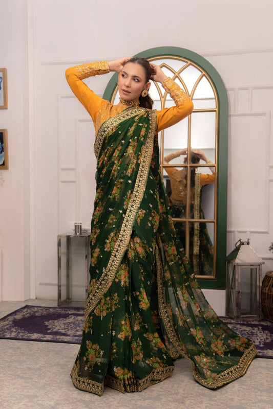 Bottle Green & Mustard Chiffon Embroidered Luxury Wedding Saree | Ready To Wear