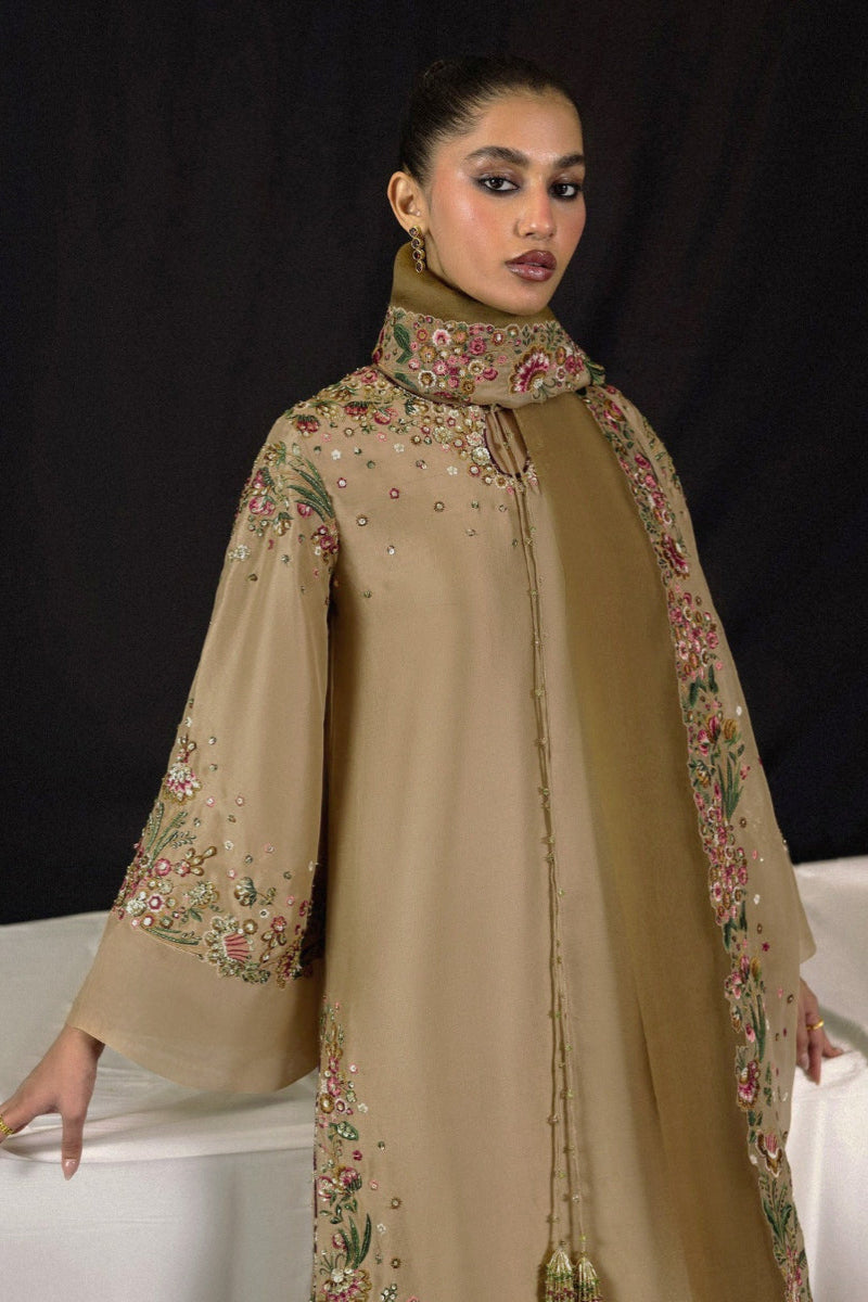 Beige & Olive Green Organza Embroidered Twin Sequined 3-Piece Suit | Ready To Wear