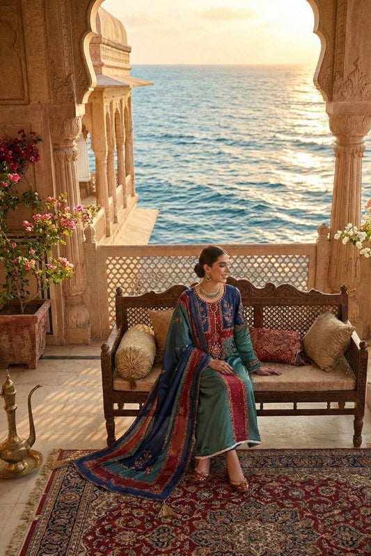 Digital Printed Silk Suit with Mirror & Stone Work | Ready to Wear
