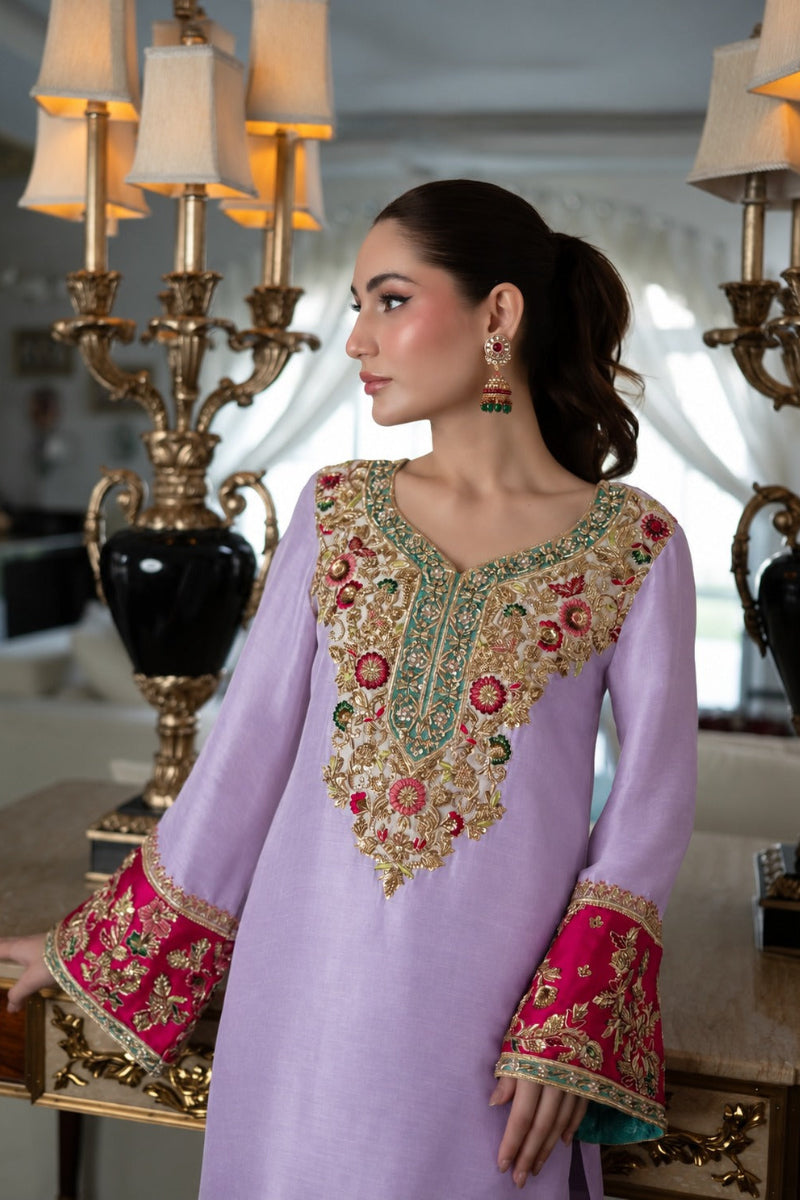 Lavender Raw Silk Hand-Embellished 3-Piece suit | Ready To Wear