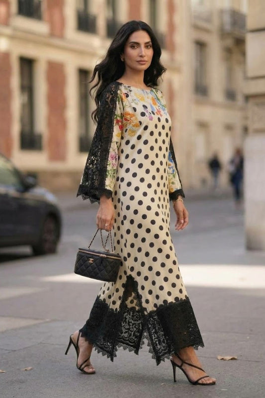 Off-White Polka Dot Silk Printed & Embroidered Suit | Ready to Wear