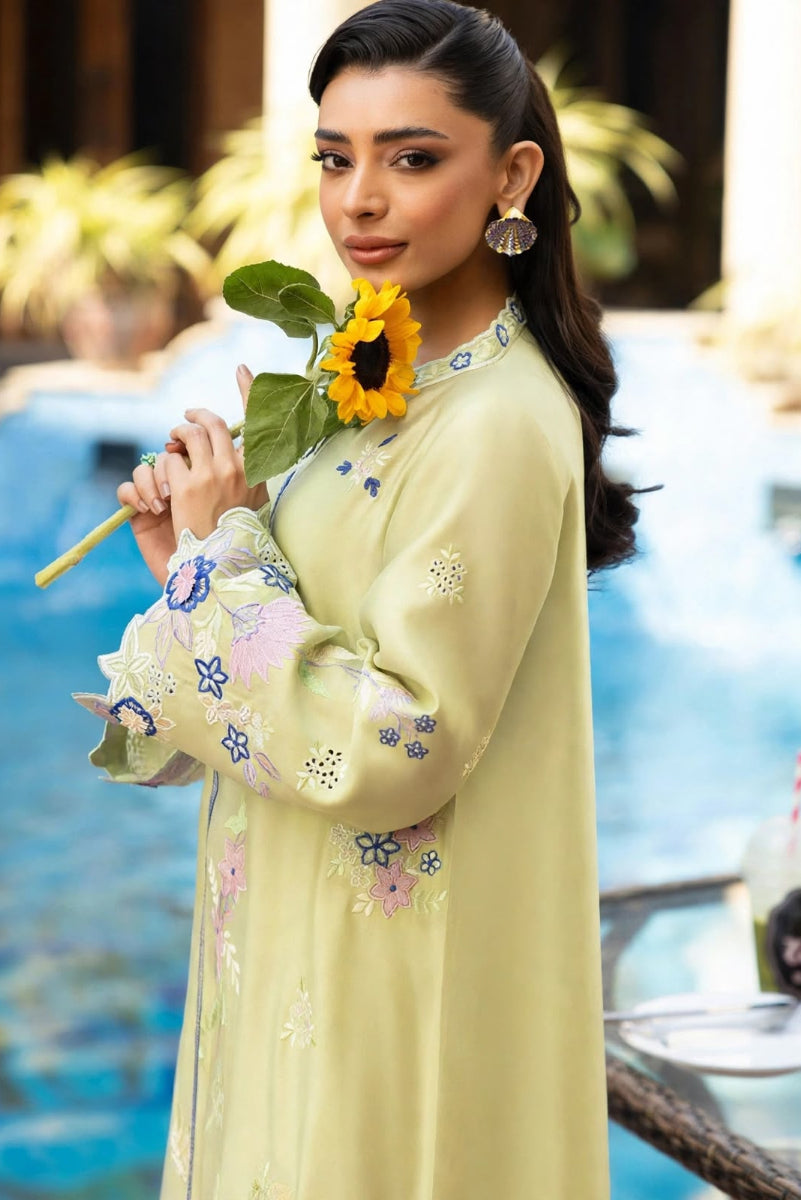 Lime Green Pure Silk Embroidered Kaftan 3-Piece Suit | Ready To Wear
