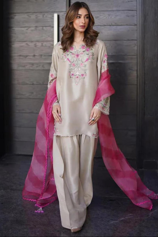 3 Piece Stitched Raw Silk Dress