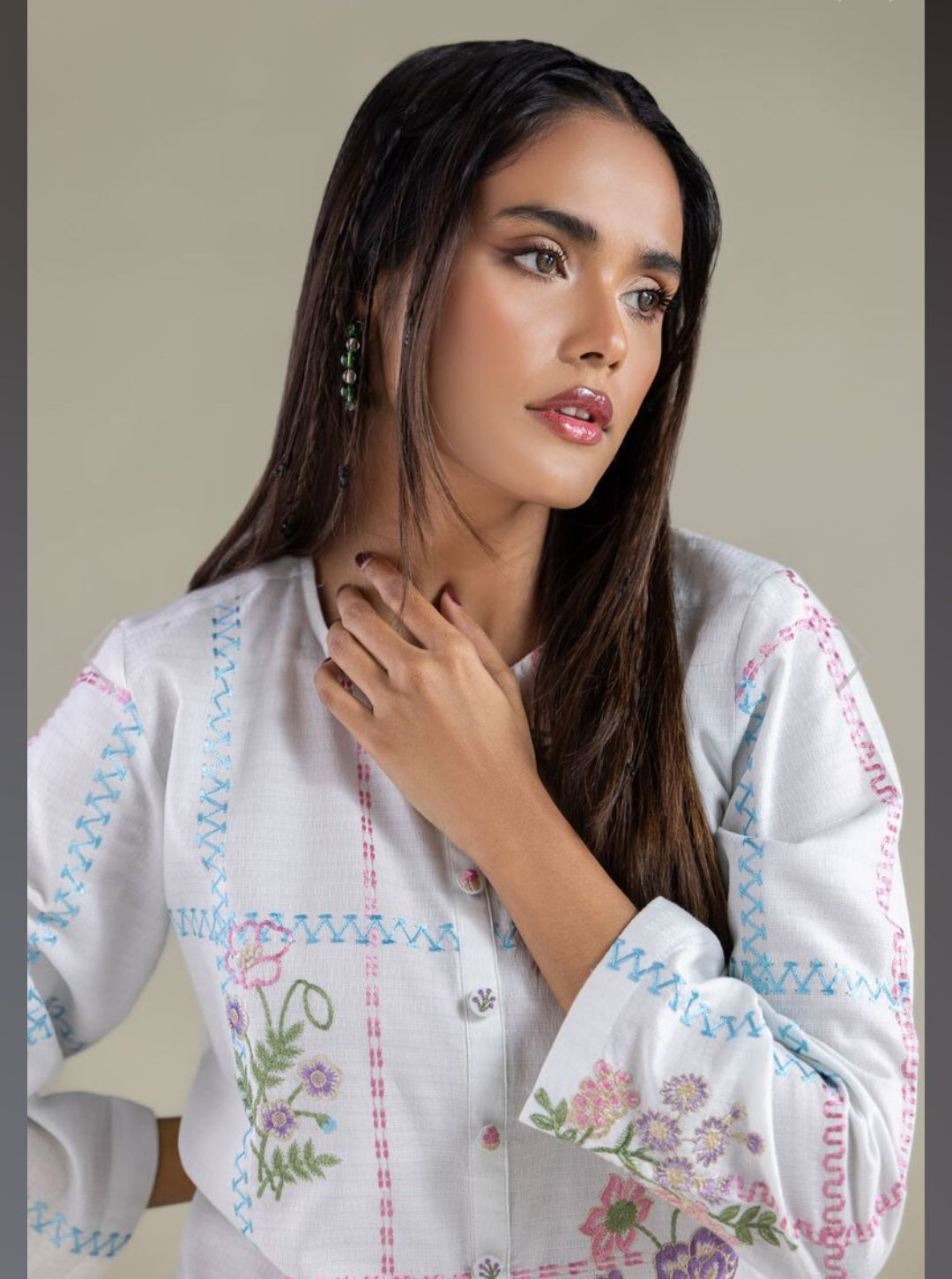 03-Piece Button Flaired Shirt and Shalwar - Ready To Wear