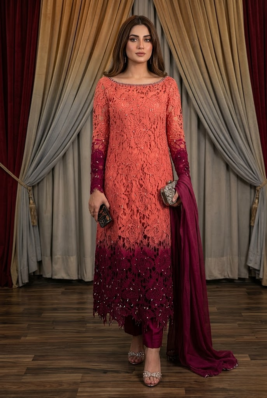 03-Piece Qureshia Net Suit With Chiffon Dupatta | Ready To Wear