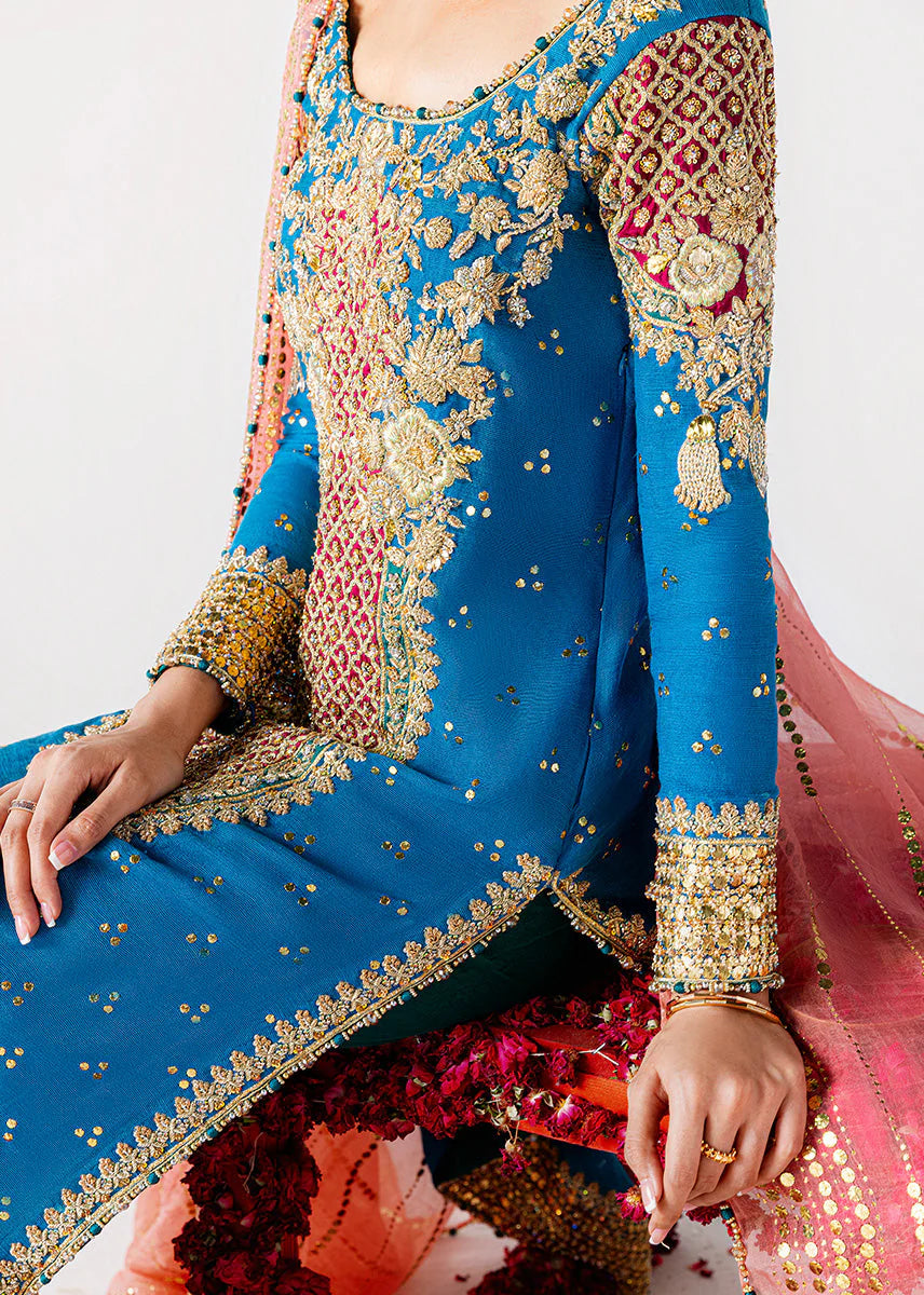 03-Piece - Hand Embellished Kattan Silk with Organza Moqesh Dupatta - Ready To Wear