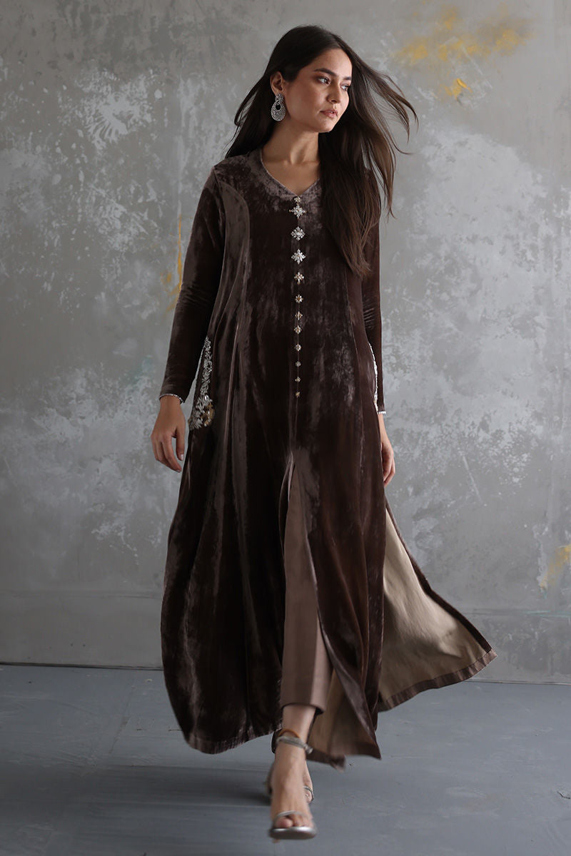 03-Piece Stitched Front Open Long Velvet Shirt