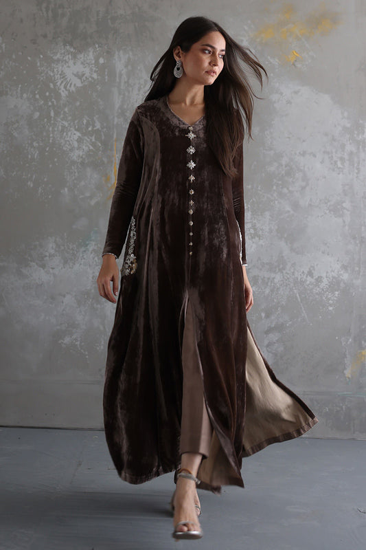 03-Piece Stitched Front Open Long Velvet Shirt