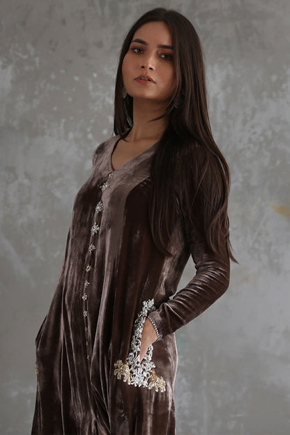 03-Piece Stitched Front Open Long Velvet Shirt