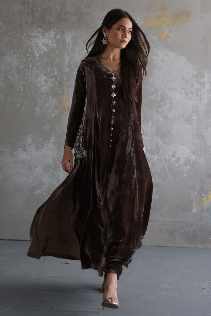 03-Piece Stitched Front Open Long Velvet Shirt