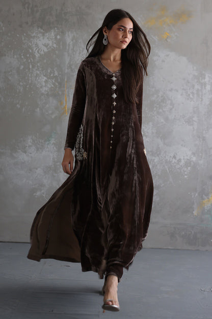 03-Piece Stitched Front Open Long Velvet Shirt