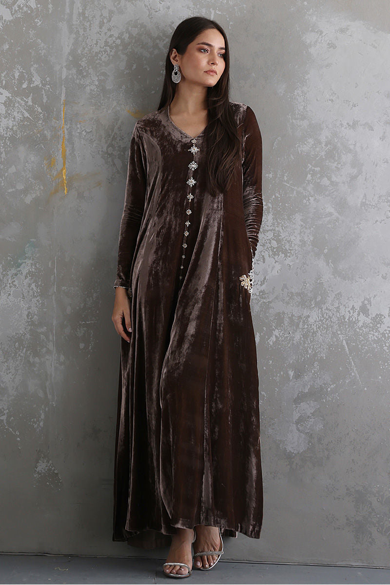 03-Piece Stitched Front Open Long Velvet Shirt