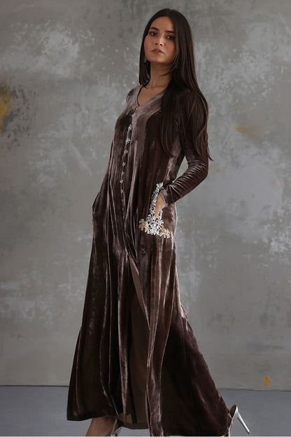 03-Piece Stitched Front Open Long Velvet Shirt